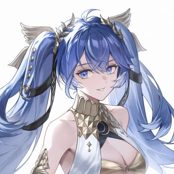 1girl ahoge armlet bare_shoulders blue_eyes blue_hair breasts cleavage gold_bra hair_belt iuno_(wuthering_waves) jewelry laurel_crown long_hair looking_at_viewer medium_breasts parted_lips portrait simple_background smile solo twintails white_background wuthering_waves yin_lan_xue