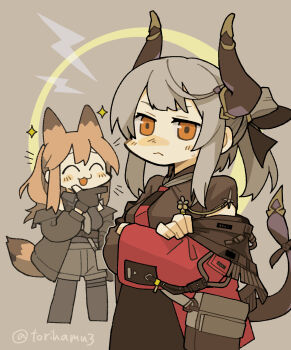 2girls :3 ^_^ animal_ears arknights black_coat black_gloves black_shirt blush brown_background brown_hair brown_shirt closed_eyes coat commentary_request cowboy_shot cropped_legs crossed_arms demon_horns finger_to_own_chin fox_ears fox_girl fox_tail franka_(arknights) full_body gloves grey_hair grey_shorts highres horns jacket konno_akikaze l_hand liskarm_(arknights) liskarm_(spring_vouivre)_(arknights) long_hair looking_at_another looking_at_viewer multiple_girls necktie official_alternate_costume ooarai_school_uniform open_mouth orange_eyes partially_fingerless_gloves ponytail pouch red_jacket red_necktie school_uniform shirt short_sleeves shorts simple_background smile tail twitter_username