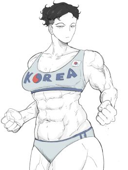 Rule 34 | abs, biceps, breasts, clenched hand, commentary, english commentary, hair bun, highres, looking at viewer, lower eyelashes only, muscular, muscular female, muscular legs, original, out de, short hair, south korean flag, sports bra, sportswear, tank top, thighs, underwear, veins, veiny arms