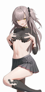 1girl absurdres alternate_breast_size_(larger) black_bow black_skirt bow breasts brown_hair commentary constantine-xii girls'_frontline girls'_frontline_2:_exilium hair_bow highres leg_up leva_(girls'_frontline_2) long_hair looking_at_viewer navel one_side_up open_mouth pleated_skirt scar scar_across_eye scar_on_face simple_background skirt solo ump45_(girls'_frontline) white_background yellow_eyes