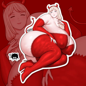 1girl artist_name blonde_hair boots breasts bridal_gauntlets cellulite cleavage closed_eyes covered_erect_nipples demon_costume demon_horns demon_tail fat fellatrix gigantic_breasts halloween_costume helen_(fellatrix) high_heel_boots high_heels highres horns leotard long_hair original red_boots red_bridal_gauntlets red_leotard red_tail solo strapless strapless_leotard tail thigh_boots veins veiny_breasts zoom_layer