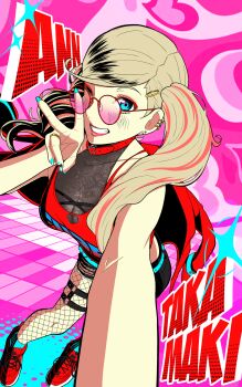 1girl absurdres aqua_nails bad_arm black_shorts blonde_hair blue_eyes breasts character_name collar commentary_request crop_top cropped_jacket ear_piercing earrings eyeliner fishnet_pantyhose fishnets grin gyaru highres jacket jewelry looking_at_viewer makeup may_(may_lee8) medium_breasts multicolored_hair nail_polish off_shoulder pantyhose persona persona_5 piercing pink-tinted_eyewear pink_background pink_lips red_collar red_eyeliner red_jacket red_shirt red_shoes ring round_eyewear see-through_cleavage see-through_clothes selfie shirt shoes short_shorts shorts sleeveless sleeveless_shirt smile sneakers solo streaked_hair sunglasses takamaki_anne thigh_strap tinted_eyewear torn_clothes torn_shorts twintails