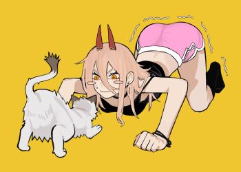 1girl :3 absurdres all_fours animal black_choker black_socks black_tank_top blush_stickers cat chainsaw_man choker commentary cross-shaped_pupils demon_girl demon_horns dolphin_shorts earrings english_commentary full_body hair_between_eyes highres horns jewelry long_hair long_hair_between_eyes looking_at_animal meowy_(chainsaw_man) messy_hair pet pink_shorts power_(chainsaw_man) red_horns sailen0 shorts socks stud_earrings sweat symbol-shaped_pupils tail_raised tank_top top-down_bottom-up trembling white_cat yellow_background
