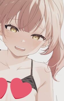 1girl black_bra blush bra bra_lift breasts censored clothes_lift collarbone commentary_request commission dot_nose double-parted_bangs ear_piercing earrings green_eyes heart heart_censor jewelry kogure_ruka long_hair looking_at_viewer open_mouth orange_hair piercing sakura_no_sekai side_ponytail simple_background small_breasts small_sweatdrop smile solo stud_earrings teeth tsuruse underwear upper_body upper_teeth_only white_background