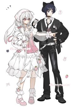 1boy 1girl alternate_costume animal_ear_hairband animal_ears apron artist_request belt belt_buckle black_choker black_hair black_hairband black_jacket black_nails black_necktie black_pants black_shoes black_sleeves black_sweater_vest blunt_ends buckle casual cat_ears choker closed_mouth collared_shirt commission commissioner_insert contemporary couple crossed_bangs dress eyelashes eyeliner eyeshadow fake_animal_ears fingerless_gloves food food_print frilled_dress frilled_sleeves frilled_socks frills fruit fruit_print full_body genshin_impact gloves hair_between_eyes hair_intakes hair_ribbon hairband hand_on_own_hip hand_up hayami_momo_(hayamimomo) headscarf hetero highres holding holding_stuffed_toy index_finger_raised jacket light_blush long_hair long_sleeves looking_to_the_side low_twintails makeup mole mole_under_eye necktie o-ring oc_x_canon off_shoulder open_clothes open_jacket open_mouth original outstretched_arm pants pink_apron pink_eyes pink_ribbon pink_shoes pointing pointing_to_the_side purple_eyes rabbit rabbit_ears red_eyeliner red_eyeshadow ribbon scaramouche_(cat)_(genshin_impact) scaramouche_(genshin_impact) second-party_source see-through_clothes see-through_dress_layer see-through_sleeves shirt shoe_belt shoes socks standing strawberry strawberry_ornament strawberry_print stuffed_animal stuffed_toy sweater_vest twintails undershirt white_belt white_dress white_hair white_ribbon white_shirt white_socks wispy_bangs