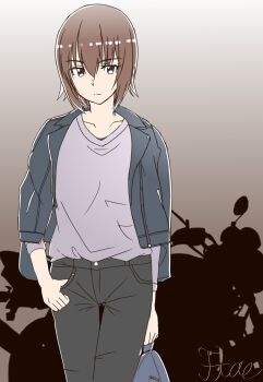 Rule 34 | 1girl, absurdres, bag, black jacket, black pants, brown background, brown eyes, brown hair, casual, commentary request, girls und panzer, gradient background, hair between eyes, highres, holding, holding bag, jacket, long sleeves, looking at viewer, motor vehicle, motorcycle, nishizumi maho, pants, purple shirt, shirt, short hair, signature, simple background, solo, two draw, white background