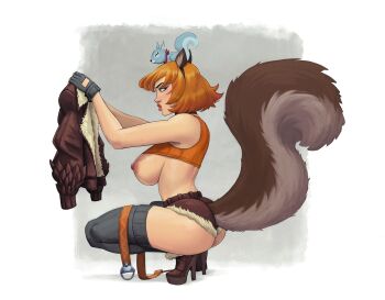 1girl absurdres animal_ears black_thighhighs breasts breasts_out brown_footwear brown_jacket brown_shorts devilhs from_side green_eyes high_heels highres holding holding_jacket holding_unworn_clothes jacket large_breasts marvel marvel_rivals micro_shorts nipples orange_hair short_hair shorts solo squirrel squirrel_ears squirrel_girl squirrel_girl_(marvel) squirrel_tail tail thighhighs unworn_jacket