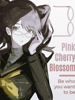 1girl absurdres black_jacket black_sailor_collar brown_hair commentary_request english_text glasses grey_eyes hand_up highres jacket k1kiwa kujikawa_rise long_hair long_sleeves looking_at_viewer neckerchief parted_bangs parted_lips persona persona_4 pink-framed_eyewear round_eyewear sailor_collar school_uniform shirt simple_background solo turtleneck turtleneck_shirt twintails upper_body white_background white_shirt yasogami_school_uniform yellow_neckerchief