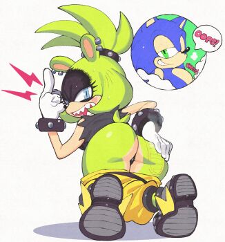 1boy 1girl blue_eyes bracelet bruise bruise_on_ass commentary commission english_commentary from_behind gloves green_eyes green_fur green_hair hand_on_own_ass highres injury inkerton-kun jewelry middle_finger open_mouth pants ponytail second-party_source sharp_teeth shirt shoes short_tail simple_background smile sonic_(series) sonic_the_hedgehog sonic_the_hedgehog_(idw) surge_the_tenrec tail teeth white_gloves yellow_pants yellow_shoes