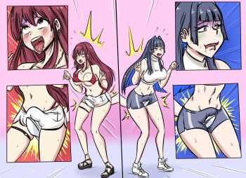 2futa ball_busting bikini bikini_top_only blue_hair breasts bulge crop_top crotch_kick earrings futanari hair_intakes highres hip_bones hololive hololive_english houshou_marine jewelry large_breasts masochism multiple_futa ocigart ouro_kronii red_hair sandals shirt shoes shorts sneakers swimsuit tongue tongue_out virtual_youtuber white_shirt white_shorts