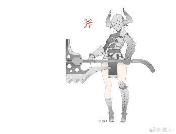 1girl arm_armor armor axe battle_axe breasts chainmail character_request chest_guard chinese_commentary commentary_request copyright_request covered_eyes covered_face covered_mouth facing_viewer full_body gauntlets greaves grey_footwear helm helmet holding holding_axe holding_weapon huge_weapon layered_armor leg_wrap liren44 medium_breasts pelvic_curtain sabaton short_hair sidelocks simple_background single_gauntlet solo standing two-handed watermark weapon weibo_watermark white_background white_hair