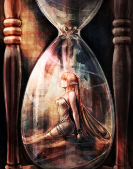 1girl breasts chain chained commentary crying cuffs dress fairy falling_sand from_side highres hourglass in_hourglass jewelry long_hair long_pointy_ears looking_up medium_breasts orange_hair original pointy_ears sand seiza shackles sitting solo sushi_(sashimise) thighlet twintails wings