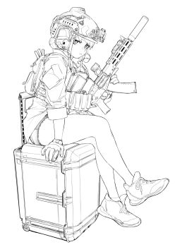 1girl alma01 ar-15 assault_rifle box brs47 bulletproof_vest earphones eyelashes gun hair_bun helmet highres holding holding_gun holding_weapon laser looking_at_viewer magazine_(weapon) monochrome on_box optical_sight original red_dot_sight rifle shoes short_shorts shorts sitting sitting_on_box sketch sneakers solo suppressor thighs weapon