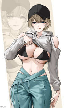 baseball_cap blue_eyes breasts brown_hair cleavage cowboy_shot crop_top goddess_of_victory:_nikke hat highres kirirei_228 large_breasts licking_lips looking_at_viewer navel pants prika_(nikke) short_hair solo tongue tongue_out