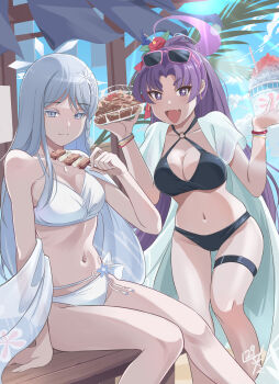 Rule 34 | 2girls, absurdres, beach house, bikini, black bikini, blue archive, bracelet, colored eyelashes, eyeshadow, eyewear on head, fang, flower, food, grey eyes, hair flower, hair ornament, halo, haori, highres, holding, holding food, holding skewer, japanese clothes, jewelry, looking at viewer, makeup, multiple bracelets, multiple girls, nagusa (blue archive), nagusa (swimsuit) (blue archive), nikulas cage, o-ring, o-ring bikini, official alternate costume, official alternate hairstyle, pink-framed eyewear, purple-framed eyewear, purple hair, purple halo, red eyeshadow, skewer, skin fang, snowflake hair ornament, sparkling eyes, swimsuit, white bikini, white eyelashes, white eyes, white halo, white haori, yakitori, yukari (blue archive), yukari (swimsuit) (blue archive)