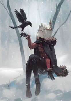 1girl aged_down alternate_breast_size ankle_boots arm_at_side arm_support arm_up bare_tree bird bird_on_hand black_cloak black_gloves black_pants boots brown_boots brown_trim cloak closed_mouth cold collared_jacket commentary crow crown curtained_hair english_commentary fog from_side full_body fur-trimmed_cloak fur-trimmed_jacket fur-trimmed_sleeves fur_trim gem gift_art gloves gold_crown highres jacket knees_up legs_together light_blush light_smile long_eyelashes long_hair long_sleeves looking_at_animal looking_up original outdoors pants parted_hair pointed_crown profile raised_eyebrows red_gemstone red_jacket seiha_(tipsytrains) sitting smile snow snowing solo thick_eyelashes thighs tree vertigris white_hair