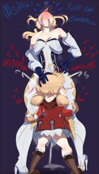 1futa 1girl age_difference ahoge bare_shoulders blonde_hair blue_eyes blush boots breasts clothed_sex collarbone cum cum_in_mouth cum_overflow detached_sleeves dress ejaculation english_text fellatio from_behind full-face_blush full_body futa_with_female futanari genshin_impact gloves gokkun hand_on_another&#039;s_head hand_on_own_hip head_back heart high_heel_boots high_heels highres jean_(genshin_impact) klee_(genshin_impact) leg_grab loli long_hair low_twintails medium_breasts oral pointy_ears projectile_cum purple_background sagging_breasts saliva short_twintails side_ponytail simple_background sound_effects standing standing_fellatio tayuri tears tongue tongue_out twintails