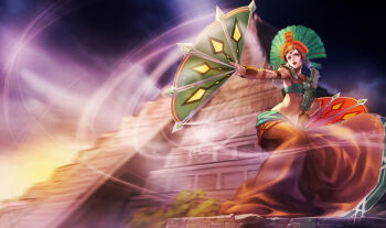 1girl architecture aztec black_hair dress earrings female_focus hand_fan jewelry karma_(league_of_legends) league_of_legends mayan mayan_mythology mesoamerican_architecture navel official_art pyramid_(structure) solo temple wind