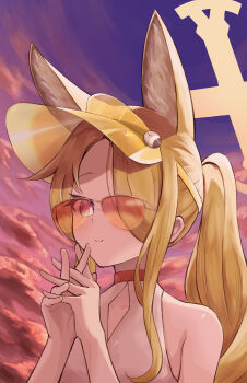 1girl :3 absurdres animal_ears bare_shoulders blonde_hair blue_archive closed_mouth cloud commentary cross_halo extra_ears fox_ears fox_girl hair_over_one_eye halo hands_up highres interlocked_fingers kuronagasu_ir long_hair looking_at_viewer official_alternate_costume official_alternate_hairstyle one-piece_swimsuit one_eye_closed orange-tinted_eyewear outdoors own_hands_together purple_sky seia_(blue_archive) side_ponytail sidelocks sky smile solo sunglasses sunset swimsuit tinted_eyewear upper_body visor_cap white_one-piece_swimsuit yellow_halo