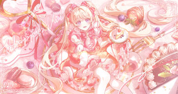 1girl absurdres blonde_hair blush bow cake commission dress food fork frills fruit hair_bow highres holding holding_fork long_hair looking_at_viewer open_mouth original plate purple_eyes ribbon sensitive smile solo strawberry twintails very_long_hair yuhaw0v0