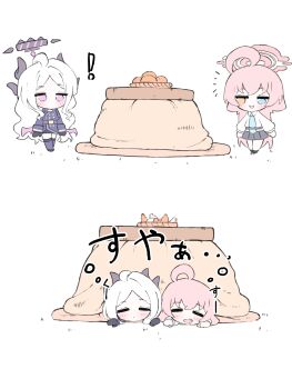 ! 2girls :d ahoge black_gloves black_shoes black_skirt blue_archive blue_eyes blue_necktie blush chibi closed_eyes closed_mouth collared_shirt commentary_request drooling fang food fruit gloves halo heterochromia highres hina_(blue_archive) hoshino_(blue_archive) jacket kotatsu long_hair long_sleeves low_wings lying mandarin_orange mouth_drool multiple_girls necktie norippe_(user_zgsf8872) notice_lines on_stomach open_mouth orange_eyes parted_bangs pink_eyes pink_hair pink_wings pleated_skirt puffy_long_sleeves puffy_sleeves purple_jacket purple_thighhighs shirt shoes skirt sleeves_past_wrists smile table thighhighs translation_request under_kotatsu under_table very_long_hair white_background white_hair white_shirt wings