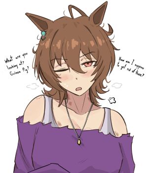 1girl agnes_tachyon_(casual)_(umamusume) agnes_tachyon_(umamusume) ahoge animal_ears bite_mark bite_mark_on_breast bite_mark_on_shoulder blush bra_strap breasts brown_eyes brown_hair commentary earrings english_commentary english_text hair_between_eyes highres horse_ears horse_girl implied_after_sex jewelry johnholl0w looking_at_viewer medium_breasts necklace off-shoulder_shirt off_shoulder one_eye_closed open_mouth purple_shirt shirt short_hair simple_background single_earring solo umamusume upper_body white_background