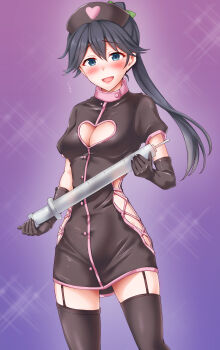 1girl absurdres anti_(untea9) black_dress black_gloves black_hair black_hat black_thighhighs blue_eyes breasts cleavage cleavage_cutout clothing_cutout commission dress elbow_gloves enamel_leather_dark_nurse garter_straps gloves gradient_background hat heart_cutout highres houshou_(kancolle) kantai_collection long_hair medium_breasts nurse nurse_cap oversized_object pixiv_commission ponytail purple_background solo syringe thighhighs