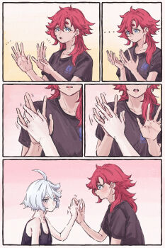 Rule 34 | ..., 2girls, ahoge, blue eyes, blush, closed mouth, commentary request, dark-skinned female, dark skin, finger touching, grey eyes, grey hair, gundam, gundam suisei no majo, hair between eyes, hand focus, highres, holding hands, ichi27ichi, jewelry, miorine rembran, motion lines, multiple girls, notice lines, official alternate hair length, official alternate hairstyle, open mouth, red hair, ring, shirt, short hair, suletta mercury, sweatdrop, t-shirt, thick eyebrows, wedding ring, wife and wife, yuri