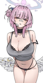 1girl alternate_hair_length alternate_hairstyle angel_wings bandaid bandaid_on_cheek bandaid_on_face bandaid_on_nose black_bra black_panties blue_archive bow bow_panties bra bra_peek breasts camisole cleavage collarbone commentary_request earrings grey_camisole guwall hair_bun halo highres jewelry large_breasts looking_at_viewer midriff mika_(blue_archive) navel panties pink_hair pink_halo short_hair simple_background single_side_bun solo thighs underwear white_background wings