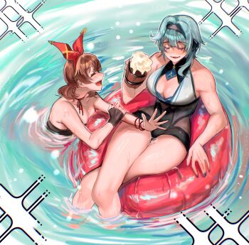 2girls absurdres afloat alcohol alternate_body_size alternate_hairstyle amber_(genshin_impact) beer beer_mug blue_hair blush breasts brown_hair closed_eyes commentary_request cup eula_(genshin_impact) facing_another from_above genshin_impact hair_intakes hairband hand_rest hand_up headband highres holding holding_cup innertube kiegenshin large_breasts long_hair low_twintails mug multiple_girls muscular muscular_female neck_ribbon nose_blush on_innertube one-piece_swimsuit open_mouth outstretched_arm outstretched_hand partially_submerged red_ribbon ribbon ripples short_twintails smile swim_ring swimsuit twintails water wet wooden_cup