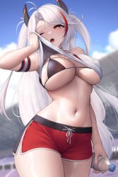 Rule 34 | 1girl, absurdres, ahoge, azur lane, bikini, black bikini, bottle, breasts, clothes lift, cloud, headgear, highres, holding, holding bottle, large breasts, lifted by self, long hair, mole, mole on breast, multicolored hair, navel, one eye closed, open mouth, orange eyes, prinz eugen (azur lane), red hair, red shorts, shirt, shirt lift, shorts, signature, sky, solo, streaked hair, sweat, swimsuit, water bottle, white hair, white shirt, whitter, wiping sweat