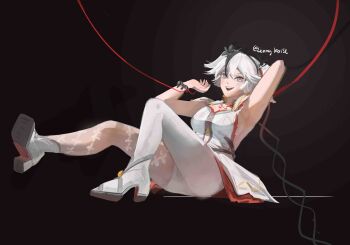 1girl black_eyes black_flower blake_bloom_(wuthering_waves) breasts camellya_(wuthering_waves) commentary dress english_commentary flower from_side full_body hair_flower hair_ornament hair_vines highres legs lennykaise looking_at_viewer medium_breasts open_mouth pantyhose shoes short_hair sideless_dress simple_background single_leg_pantyhose smile solo white_background white_dress white_hair white_pantyhose white_shoes wuthering_waves