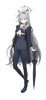 1girl absurdres ahoge animal_ear_fluff animal_ears black_footwear black_hairband black_jacket black_pantyhose black_serafuku black_shirt black_skirt blue_archive blue_eyes breasts bubble_tea_challenge cosplay cross_hair_ornament drink_carton drinking_straw drinking_straw_in_mouth full_body grey_hair gun hair_between_eyes hair_ornament hair_ribbon hairband halo high-waist_skirt highres holding holding_gun holding_weapon jacket jochal long_hair looking_at_viewer milk_carton pantyhose plana_(blue_archive) plana_(blue_archive)_(cosplay) ribbon rifle school_uniform serafuku shiroko_terror_(blue_archive) shirt sidelocks skirt solo underboob weapon white_ribbon wolf_ears wolf_girl