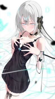 1girl absurdres arm_strap babydoll bare_shoulders black_babydoll black_bow black_bra black_choker black_nails black_panties black_petals black_ribbon blue_butterfly blue_eyes blurry blush bow bra breasts bug butterfly butterfly_ornament chain choker closed_mouth collarbone commentary dated_commentary depth_of_field falling_petals glowing_butterfly gold_chain grey_hair hair_between_eyes hair_bow hair_ornament hairclip hands_on_own_chest hands_up highres insect light_particles long_hair looking_at_viewer nail_polish navel original panties parallel_hairclips petals ribbon sajin_(user_pvrm4582) see-through_clothes simple_background small_breasts solo standing string_panties thigh_bow thigh_strap thighs underwear very_long_hair white_background