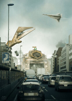 absurdres aircraft airplane bride car city commentary_request composite crazygon damaged day debris diorama fighter_jet figure_(medium) film_reel flying highres holding ito_nobuhiko joints lamppost license_plate mecha military_vehicle motor_vehicle no_humans outdoors partial_commentary photo_(medium) photo_background photoshop_(medium) pincers radio_antenna railing real_life road_sign robot robot_joints ruins science_fiction semi_truck sign sky smoke tokusatsu traffic truck ultra_hawk_1 ultra_series ultraseven_(series) van