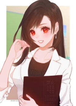 1girl alternate_costume alternate_universe black_hair black_shirt blush border clipboard collarbone commentary_request contemporary earrings eyelashes final_fantasy final_fantasy_vii hair_behind_ear hand_up holding holding_clipboard jacket jewelry long_hair looking_at_viewer mdk_ooo outside_border parted_lips red_eyes shirt single_earring sleeves_rolled_up solo suit_jacket swept_bangs teacher tifa_lockhart twitter_username upper_body white_border white_jacket