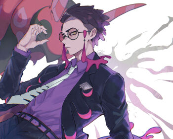 Rule 34 | 1boy, belt, black-framed eyewear, black hair, black jacket, collared shirt, commentary request, corbeau (pokemon), gen 5 pokemon, glasses, hand up, jacket, male focus, necktie, nintendo, open clothes, open jacket, pants, pokemon, pokemon (creature), pokemon legends: z-a, purple belt, purple shirt, round eyewear, scolipede, shirt, short hair, yellow eyes, yokane