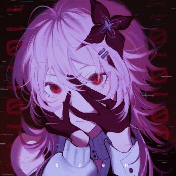 1girl collar commentary english_commentary evernight_(honkai:_star_rail) flower glitch hair_between_eyes hair_flower hair_ornament hairclip hands_on_own_face highres honkai:_star_rail honkai_(series) march_7th_(honkai:_star_rail) parallel_hairclips pink_hair red_eyes single_bare_shoulder sleeve_cuffs smile xzen_zxxp