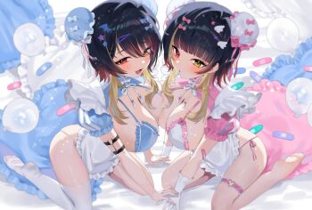 1girl anno_aano arm_strap balloon bandaid black_hair blonde_hair blue_bow bow breasts bun_cover cleavage gloves hair_bow hair_ornament hairclip heterochromia kannagi_loki kneeling large_breasts multicolored_hair o-ring o-ring_arm_strap open_mouth phase_connect pillow pink_bow red_eyes red_hair second-party_source star_(symbol) star_hair_ornament streaked_hair virtual_youtuber white_gloves wing_hair_ornament yellow_eyes