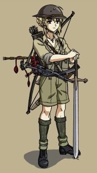 1girl :| absurdres ahoge ammunition_pouch arrow_(projectile) artoria_pendragon_(fate) bagpipes black_boots blonde_hair boots bow_(weapon) braid breast_pocket british_army brodie_helmet brown_background brown_shirt brown_shorts chinese_commentary chinstrap closed_mouth collared_shirt combat_boots combat_helmet commentary_request cross cross_necklace expressionless fate/stay_night fate_(series) full_body gaiters green_eyes green_socks grey_helmet gun gun_sling hair_between_eyes hand_on_hilt helmet highres holding holding_sword holding_weapon instrument jewelry kneehighs latin_cross load_bearing_equipment looking_ahead military military_combat_uniform military_fatigues military_uniform necklace pocket pouch quiver saber_(fate) sheath shirt short_hair shorts simple_background sleeves_rolled_up socks soldier solo standing sten_gun submachine_gun sword tassel three-quarter_sleeves warred weapon weapon_on_back world_war_ii