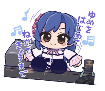 Rule 34 | 1girl, beamed sixteenth notes, blue hair, blush stickers, bow, bowtie, brown eyes, character doll, chibi, closed mouth, commentary request, doll, dress, eighth note, fis (t83192933), full body, highres, idolmaster, idolmaster (classic), kisaragi chihaya, long hair, long sleeves, looking at viewer, musical note, pink bow, pink bowtie, simple background, sitting, smile, solo, translation request, white background, white dress