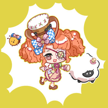 1girl animal art_of_tailoring_(infinity_nikki) bee blue_bow border bow bowtie brown_eyes brown_shoes bug buttons checkered_bow checkered_clothes chibi chinese_commentary clenched_hand clothed_animal commentary_request dress eyepatch foodie_bee_(infinity_nikki) frilled_eyepatch frilled_sleeves frills green_bow green_bowtie hat hat_bow infinity_nikki insect lolita_fashion medium_dress mini_hat mini_top_hat multicolored_dress nikki_(series) open_mouth orange_hair outline patchwork_clothes pink_bow puffy_short_sleeves puffy_sleeves sheep shoes short_hair short_sleeves short_twintails shuang_yuda_zhanglang smile socks solo teeth top_hat twintails two-tone_bow upper_teeth_only wavy_hair white_background white_bow white_outline white_sleeves white_socks white_wrist_cuffs wrist_cuffs yellow_border yellow_dress yellow_hat yellow_outline