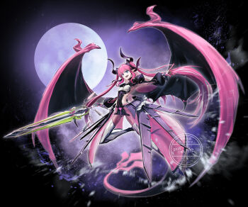 152_in_can 1girl black_dress blue_eyes bow breasts curled_horns dragon_horns dragon_tail dragon_wings dress elizabeth_bathory_(fate) elizabeth_bathory_(perfect)_(fate) elizabeth_bathory_(perfect)_(third_ascension)_(fate) fate/grand_order fate_(series) full_body full_moon hairband highres horns layered_skirt long_hair long_sleeves looking_at_viewer mechanical_dress moon night night_sky open_mouth pink_hair pink_skirt pink_trim pointy_ears polearm skirt sky small_breasts smile solo spear tail thighhighs two_side_up weapon white_thighhighs wings