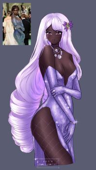 1girl absurdres alternate_costume anok_yai anok_yai_(cosplay) artist_name bare_shoulders blush bracelet breasts cleavage_cutout clothing_cutout commentary cosplay cropped_legs dark-skinned_female dark_skin diamond_(gemstone) diamond_earrings diamond_necklace diamond_ring dress earrings elbow_gloves english_commentary evening_gown fishnet_pantyhose fishnets formal_clothes glitter glitter_dress gloves grey_background hair_ornament hand_on_own_arm highres jacinthe_(pokemon) jewelry large_breasts lilys_dollhouse long_hair looking_at_viewer low_drills met_gala necklace nintendo ornate_ring pantyhose parted_lips photo-referenced photo_inset plunging_neckline pokemon pokemon_legends:_z-a purple_dress purple_gloves real_life real_life_insert reference_inset ring ringlets side_slit simple_background solo sparkle standing strapless strapless_dress swept_bangs thighs very_dark_skin very_long_hair