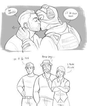 1girl 4boys bara baseball_cap belt bulletproof_vest call_of_duty call_of_duty:_modern_warfare_2 captain_price closed_eyes collared_shirt couple crossed_arms english_text facial_hair gaz_(call_of_duty_4) ghost_(modern_warfare_2) gloves greyscale hat headphones highres kiss male_focus mask mask_lift monochrome multiple_boys pants shell_(fludderpy) shirt short_hair soap_(modern_warfare_2) yaoi