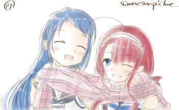 10s 2girls :d ;) ^_^ ahoge blue_eyes blue_hair closed_eyes collared_shirt hair_ribbon hairband kantai_collection kawakaze_(kancolle) long_hair low_twintails mae_(maesanpicture) multiple_girls numbered one_eye_closed open_mouth pointy_ears red_hair ribbon sailor_collar samidare_(kancolle) scarf school_uniform serafuku shared_clothes shared_scarf sharing shirt sidelocks simple_background sleeveless sleeveless_shirt smile swept_bangs twintails twitter_username upper_body white_background