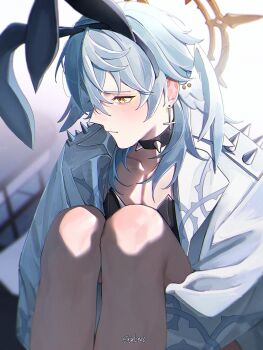 1boy animal_ear_hairband animal_ears black_choker black_leotard blue_hair choker collarbone commentary earrings english_commentary fake_animal_ears feathered_wings hair_between_eyes hairband halo halo_behind_head head_wings highres honkai:_star_rail honkai_(series) inverted_cross_earrings jacket jewelry knees_to_chest leotard long_hair long_sleeves male_focus moonya open_clothes open_jacket piercing playboy_bunny rabbit_ears sitting solo spiked_choker spiked_jacket spikes sunday_(honkai:_star_rail) white_jacket white_wings wing_piercing wings yellow_eyes
