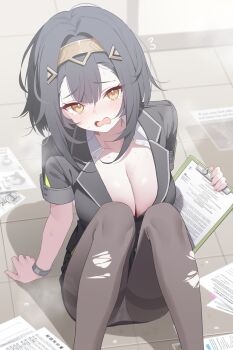 1girl ahoge amber_(stella_sora) black_hair black_jacket black_skirt breasts cleavage clipboard collared_shirt commentary_request deyui fallen_down flying_sweatdrops headband highres holding holding_clipboard indoors jacket large_breasts looking_at_viewer miniskirt office_lady on_floor open_mouth panties panties_under_pantyhose pantyhose pantyshot paper shirt short-sleeved_jacket short_hair short_sleeves skirt solo stella_sora thighband_pantyhose underwear wavy_mouth white_panties white_shirt yellow_eyes