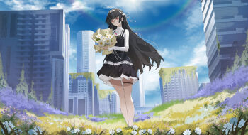 Rule 34 | 1girl, absurdres, bespectacled, black dress, black hair, blue sky, bouquet, building, chinese commentary, chisa (wuthering waves), commentary request, day, dress, flower, glasses, hairband, highres, holding, holding bouquet, incredibly absurdres, ke zhuo yu, long hair, long sleeves, looking at viewer, outdoors, red eyes, shirt, sky, solo, standing, thigh strap, white hairband, white shirt, wuthering waves
