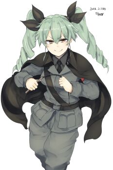 1girl anchovy_(girls_und_panzer) anzio_military_uniform belt black_cape black_necktie black_ribbon breasts cape dated dated_commentary drill_hair girls_und_panzer green_hair hair_between_eyes hair_ribbon jacket long_hair long_sleeves medium_breasts military_uniform necktie orange_eyes pants ribbon riding_crop sigama simple_background smile solo twin_drills twintails white_background